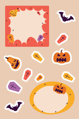 Daily planner page tamplate, halloween daily organizer, dairy, life, weekly, month planner, stickers time menagement concept on beige background with orange pumpkins, purple bats, graves	