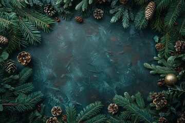 Empty mockup with bright Christmas decorations and lush tree branches arranged on a dark green concrete surface, creating a festive and elegant holiday display