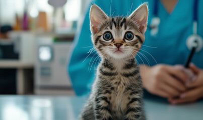 Cute kitten lying on a table in a veterinary clinic. Behind is the blurred veterinarian. 