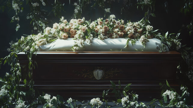 Flower-covered coffin in a peaceful funeral setting with soft lighting