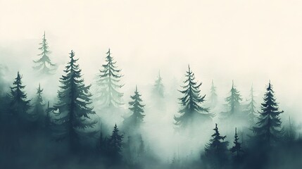 Fototapeta premium Misty forest landscape with evergreen trees shrouded in fog, creating a serene and tranquil atmosphere.