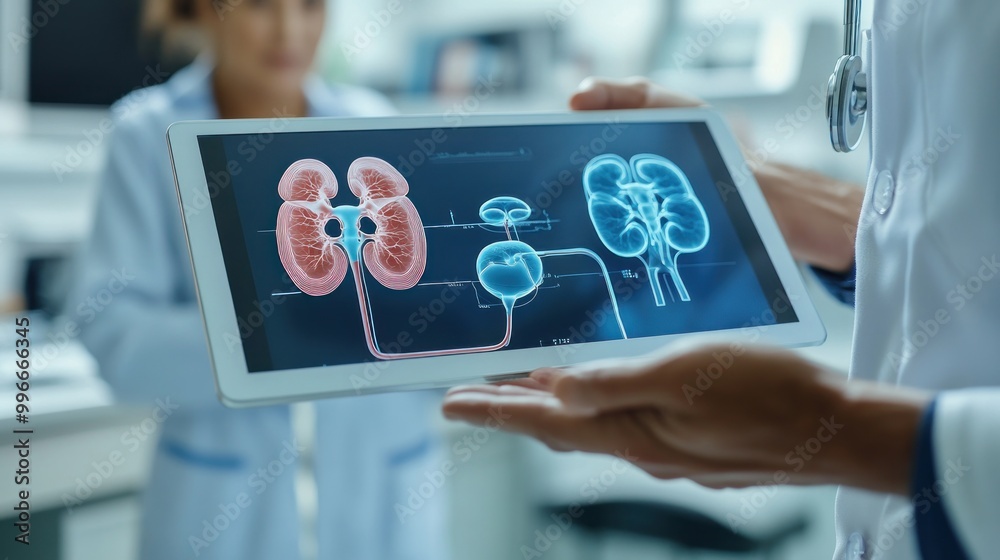 Wall mural A medical professional displays a tablet showing a detailed kidney anatomy illustration.