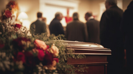 Casket adorned with flowers and mourners in background during a funeral gathering