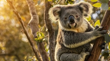 Fototapeta premium a koala in a tree, with its soft fur illuminated by the setting sun. Ideal for eco-tourism promotions and educational exhibits about Australian wildlife.