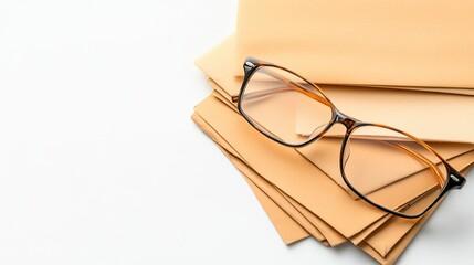 Elegant reading glasses resting on a stack of beige papers, perfect for office or study environments.