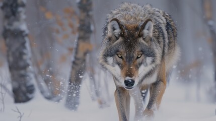 Obraz premium A fierce wolf moves silently through the snowy terrain, its gaze unwavering and determined. The icy landscape accentuates the wolf’s predatory instincts and the harsh beauty of its environment.