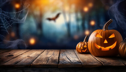 The empty black wooden table top with blur background of halloween season. For product display ,Empty dark wood table top with blurred bright Thanksgiving background. AI generated 