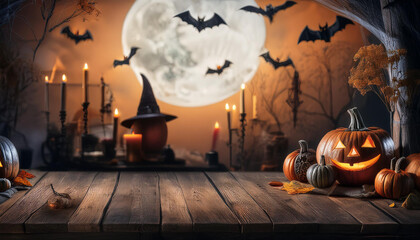 The empty black wooden table top with blur background of halloween season. For product display ,Empty dark wood table top with blurred bright Thanksgiving background. AI generated