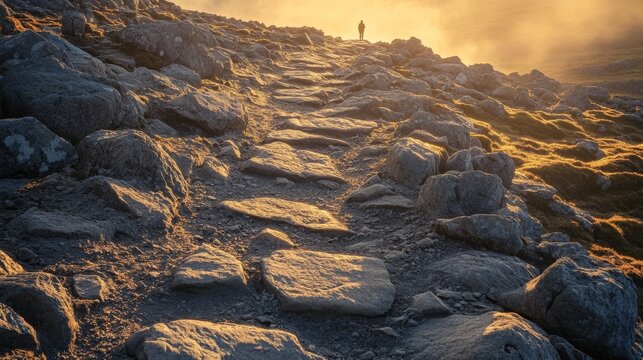 A rocky path with large stones ascends toward the horizon, bathed in warm sunlight. The long shadows evoke a sense of transformation and journey