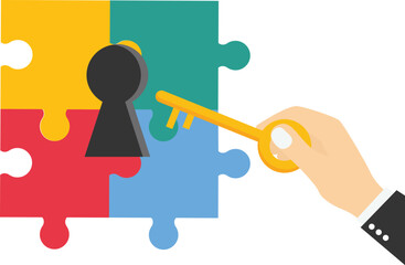 Hand holding golden key to unlock the jigsaw puzzle keyhole. Unlock business accessibility. Solve business problem, professional to give solutions. Flat vector illustration

