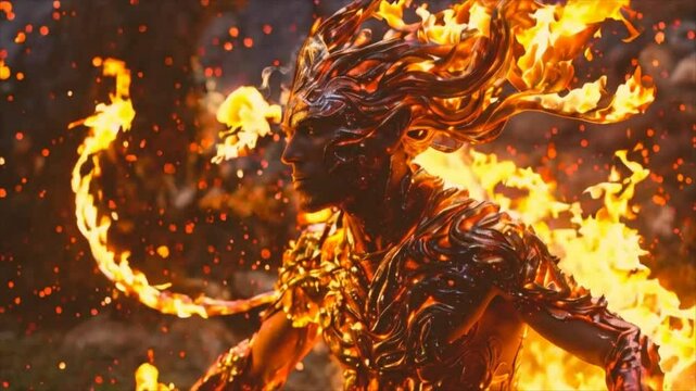 A scene depicting the movement of a mythical fire creature, its dances around a fire, the play of fire. Myths, fairy tales, legends, fantasies, sagas