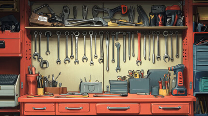 Illustrate a well-organized maintenance set, featuring an array of tools such as wrenches, screwdrivers, pliers, hammers, and tape measures. 