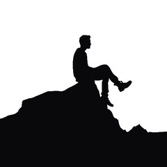 Silhouette of Man Observing Nature on Rock – Vector Art Isolated on White