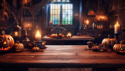 The empty black wooden table top with blur background of halloween season. For product display ,Empty dark wood table top with blurred bright Thanksgiving background. AI generated