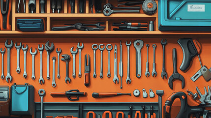 Illustrate a well-organized maintenance set, featuring an array of tools such as wrenches, screwdrivers, pliers, hammers, and tape measures. 