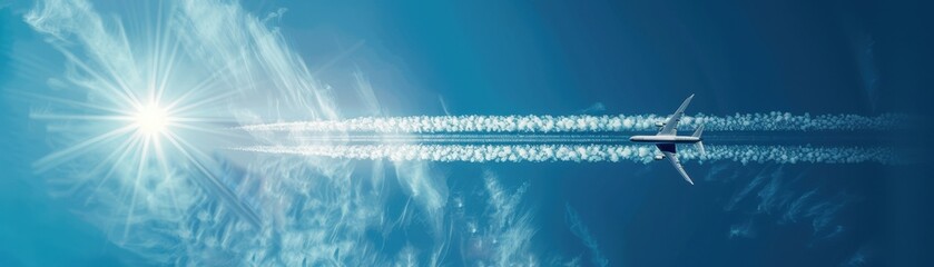 Fototapeta premium A plane is flying through the sky with a bright sun shining on it