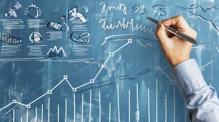 Hand drawing business graphs and charts on a blue chalkboard. Business planning concept.