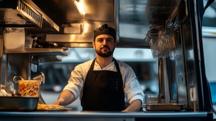 A chef stands in his food truck looking directly at the camera.