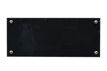 Distressed black steel plaque with a painted texture and screws png file cut out and isolated on a transparent background, signage stock photo image