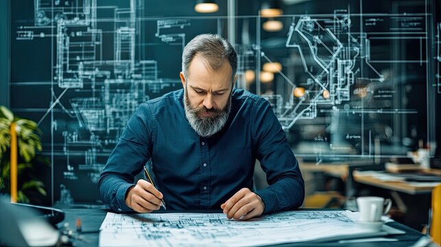 Focused man analyzing blueprints in a modern workspace, showcasing dedication to design and planning.