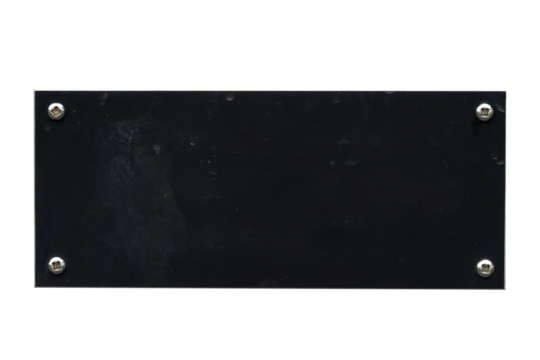 Distressed black steel plaque with a painted texture and screws png file cut out and isolated on a transparent background, signage stock photo image