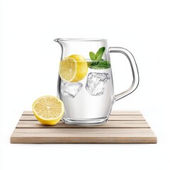 Fototapeta premium A crystal-clear glass pitcher filled with lemon water, placed on a summer picnic table isolated on white background.