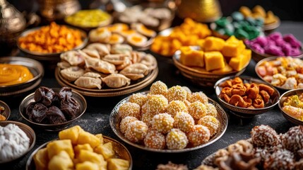 Assortment of traditional Diwali sweets like ladoos, barfis, and jalebis on a festive table