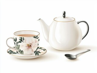 A delicate porcelain teacup with floral patterns, next to a silver spoon and a small teapot isolated on white background.