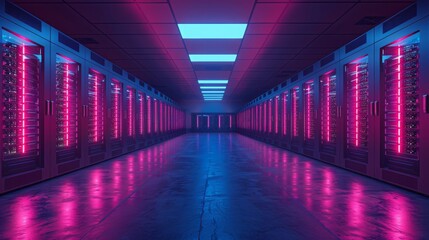 Fototapeta premium Neon-lit Data Center with Server Racks