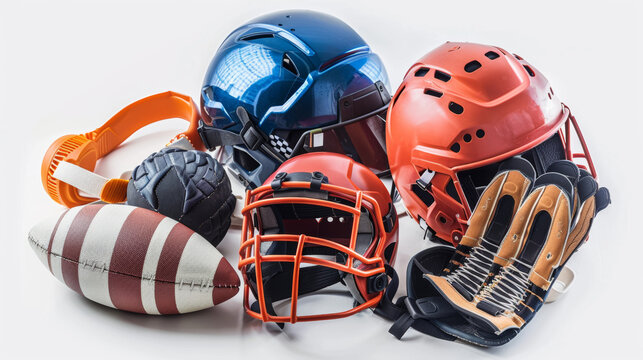 Protective gear such as pads, helmets, and braces for injury prevention in contact sports isolated on white background