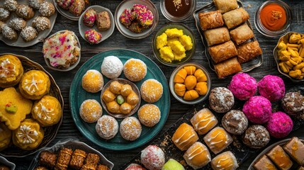 Assortment of traditional Diwali sweets like ladoos, barfis, and jalebis on a festive table
