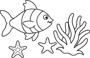 Underwater World Fish and Coral Reef with Sea Anemones Vector Illustration
