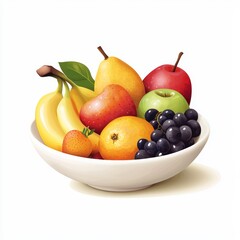 A hand-painted ceramic bowl filled with ripe, colorful fruit, set on a rustic table isolated on white background.