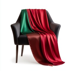 A luxurious silk scarf draped over a velvet chair, in rich jewel tones isolated on white background.