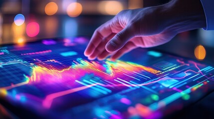 A hand interacts with a vibrant digital display of financial data and analytics.