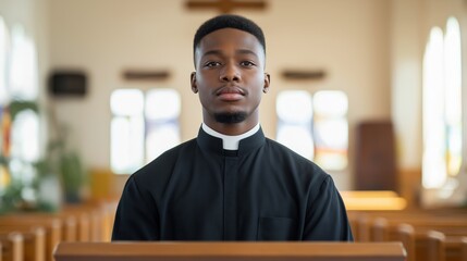 Obraz premium Diverse Religious Leadership, Young African American Male Protestant Minister in Church Interior, Spiritual Guidance