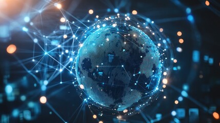 Obraz premium A digital representation of Earth interconnected with data lines and nodes.