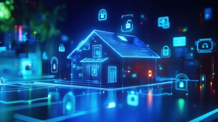 A digital representation of a secure smart home surrounded by security icons.
