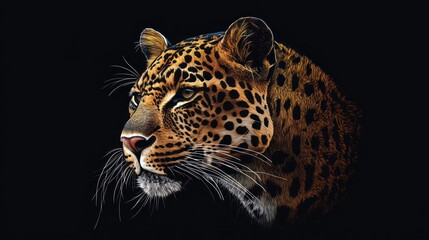 Close-up portrait of a leopard's head with detailed fur and black background.