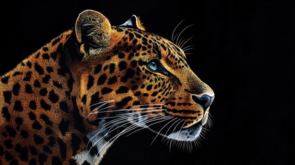 Fototapeta premium Close-up portrait of a leopard with a black background, showing its spotted fur and whiskers.