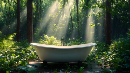 Luxury Forest. Beautiful Bathtub in a Green Forest Botanical Background