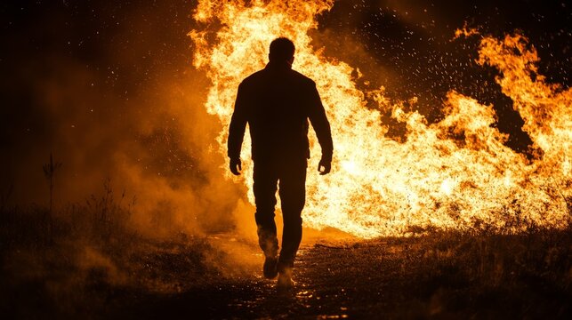 A skilled stuntman strides through a dark environment, fully surrounded by raging flames that cast a warm glow. The intense fire creates a dramatic backdrop for his daring act