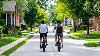 Naklejka premium couple biking through a quiet neighborhood