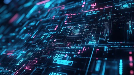 Obraz premium Abstract digital circuit board with vibrant blue and pink neon lights.