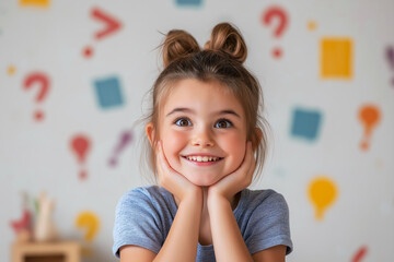A girl with a thoughtful expression on her face sits with her head resting on her hand, surrounded by question marks floating above her head. With copy space.