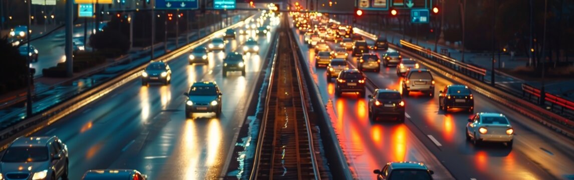 Heavy traffic flows on a city highway during evening hours, with car headlights reflecting on wet road surfaces, creating a vibrant urban scene. Wide web banner.