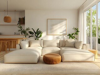 Fototapeta premium A bright and airy modern living space featuring a plush L shaped sectional sofa in a neutral tone minimalist yet stylish decor with natural wood and plant life accents