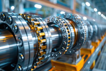 A row of metal gears are lined up on a table