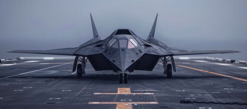 Stealth bomber prepares for takeoff on a military runway during overcast conditions