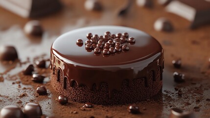 Close-up of a decadent chocolate cake with a glossy glaze and chocolate sprinkles.